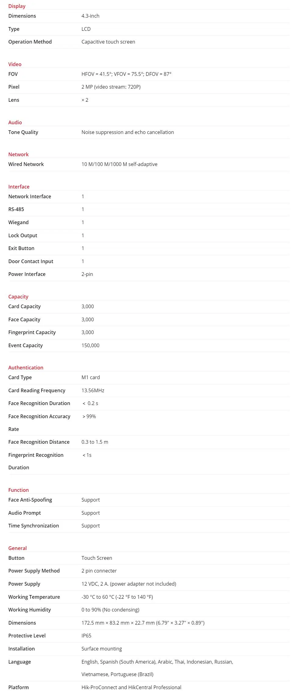 4.3 Inch Fingerprint Face Recognition Access System Time Attendance Machine Ds-K1t341amf