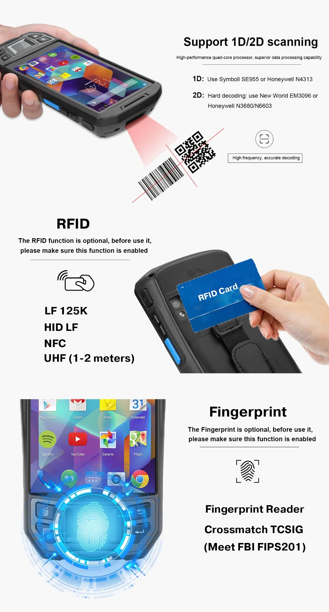 Biometric Palm PDA Fingerprint Time Attendance Handheld Terminal with Barcode Reader