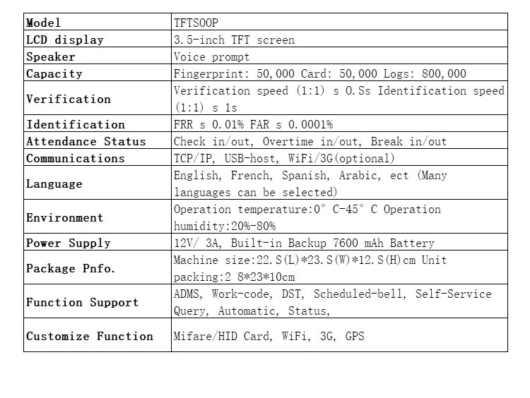 Portable 3G Communication Biometric Fingerprint Time and Attendance Device