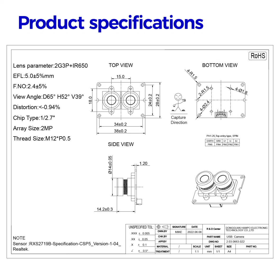 Customized Omnivision Rxs2719 Sensor 2MP 1080P Dual Lens Color &amp; IR Images USB2.0 Camera Module for Face Recognition