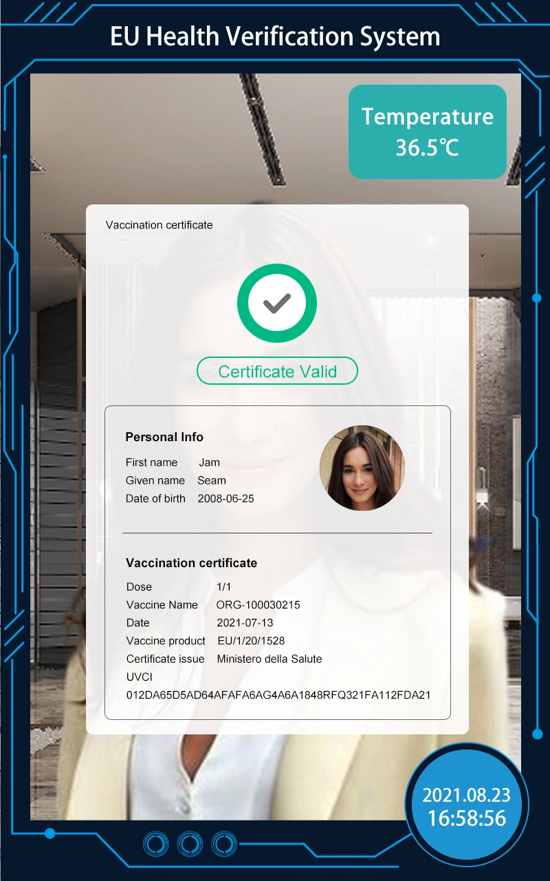 Face Recognition Access Control Terminal Camera, EU Health Green Pass Code Verification System