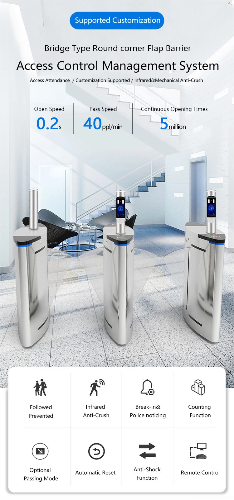 Facial Recognition &amp; Temperature Measurement Stainless Steel Flap Turnstile Barrier Gate