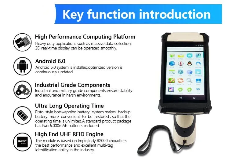 Touch Screen Mobile UHF RFID Passive Tag Reader with Barcode / Qr Scanner/4G/Camera Optional Function