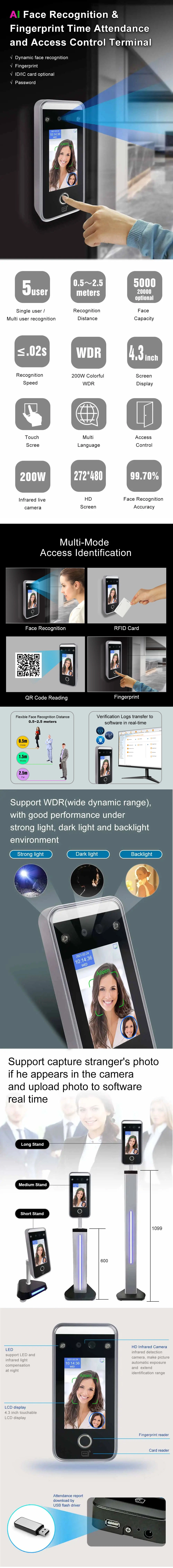 4.3inch Web Cloud WiFi Biometric Time Attendance Facial Recognition Fingerprint Access Control