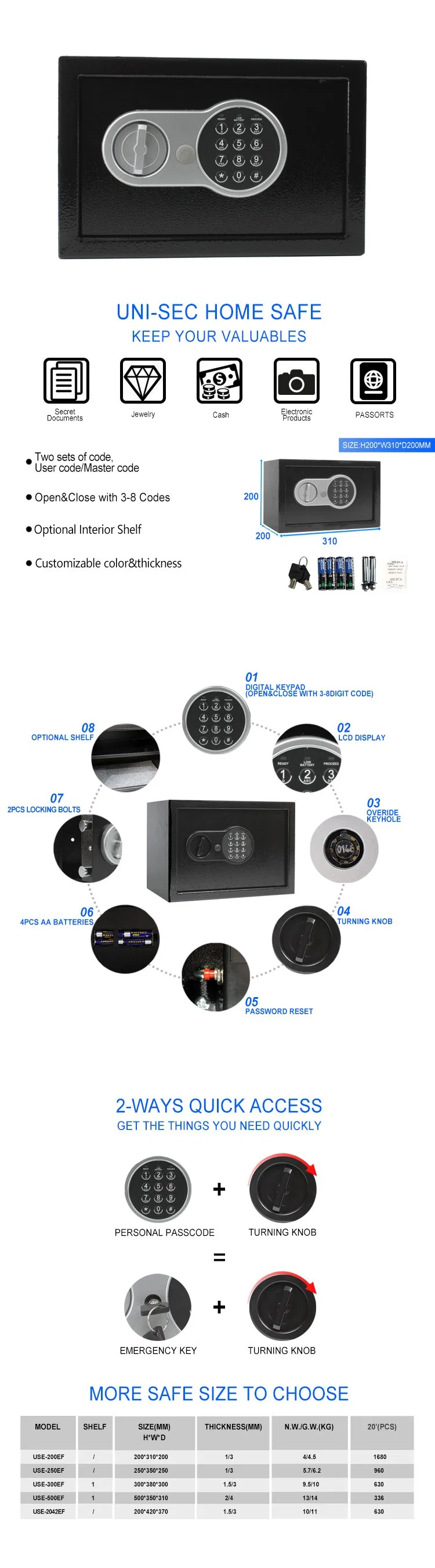 New Arrival Personalized Security Electronic Digital Finger Print Safe Electronic Locks for Safeshome Safe Box with CE Certificate Factory Supply (USE-200EF)