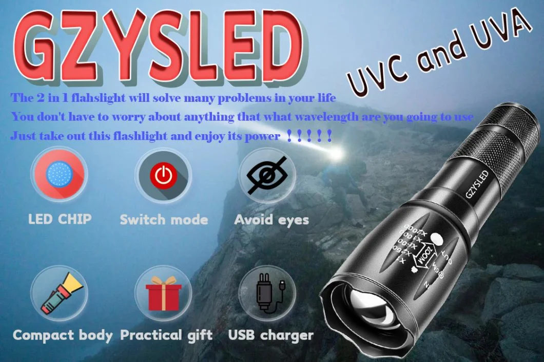 Customized Adjustable Focus LED 3W Bi Wavelength UV Flashlight 365nm with 254nm in One Torch UVC with UVA Lamp