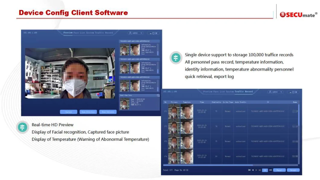 Face Recognition System with Automatic Temperature Measurement, Mask Facial Recognition Access Control Terminal Support Spanish, French, Japanese Language etc.