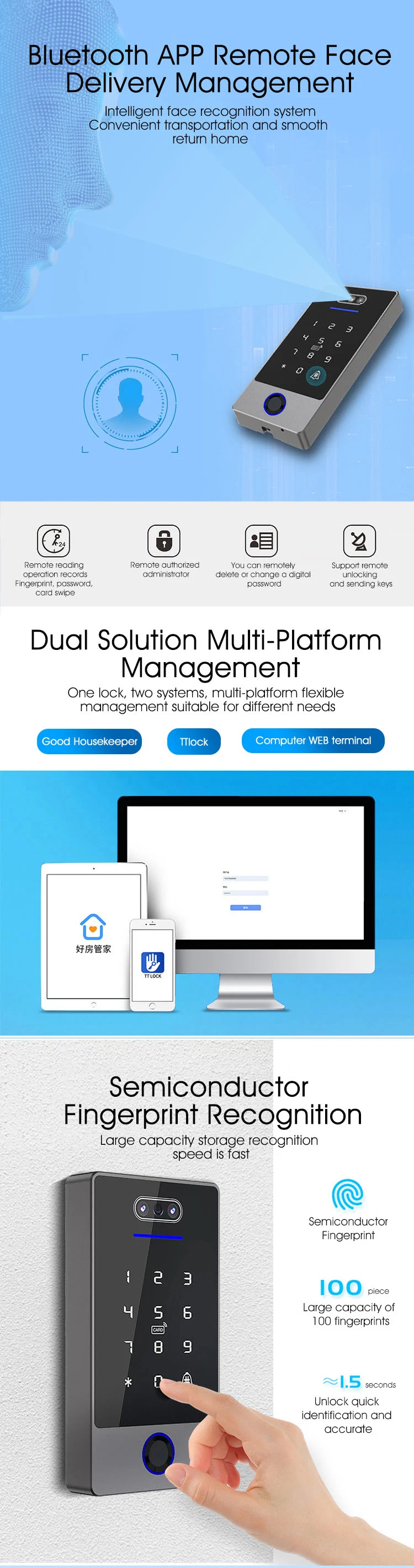 Fingerprint and Face Ttlock APP Control Bluetooth V4.0 Smartphone APP Access Controller