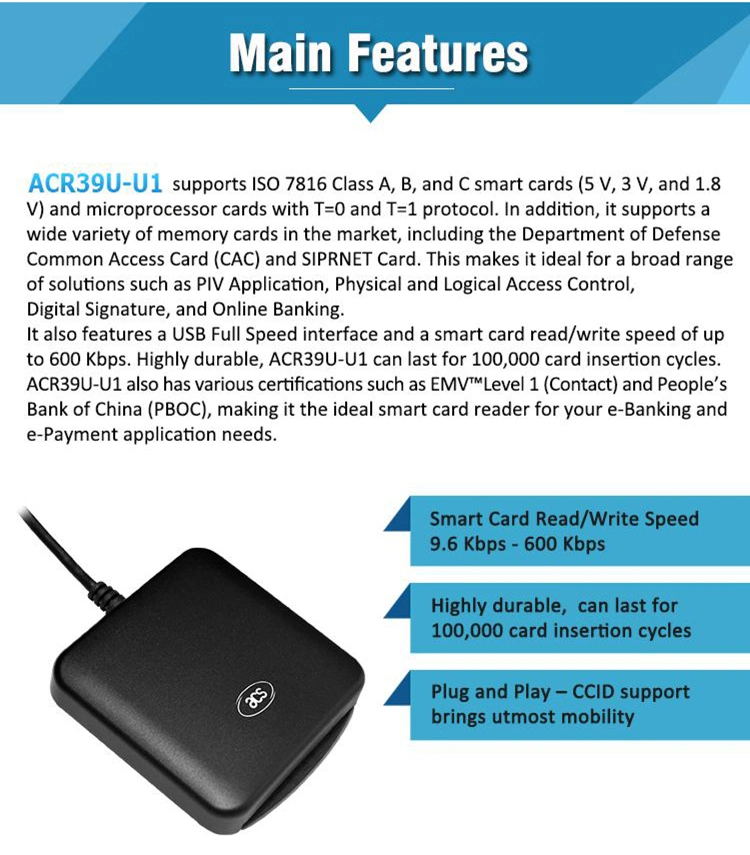 Android ISO7816 13.56MHz RFID USB-C Smart Chip Card Reader and Writer Machine ACR39u-U1