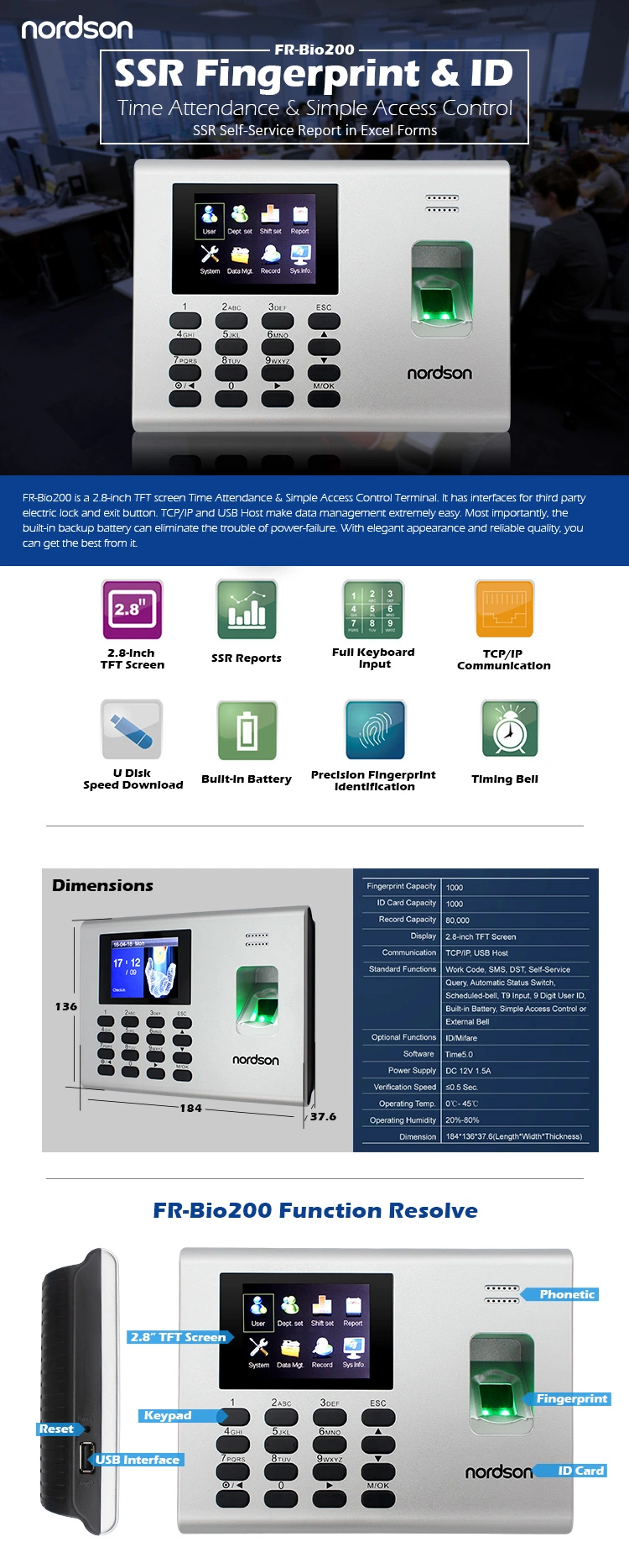 Self-Service Reprot Built-in Battery RFID Card Biometric Time in Time out Finger Print Attendance