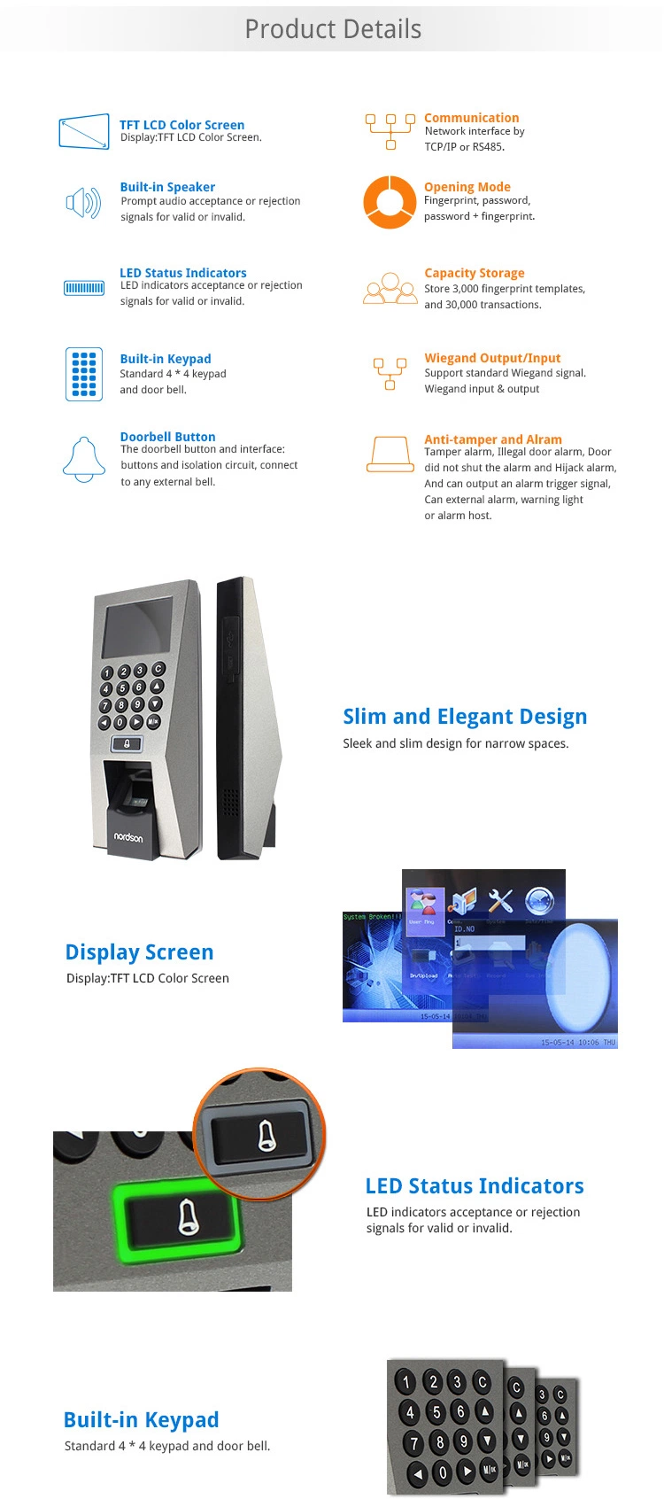 TFT Screen Network Fingerprint Access Control Time Attendance Device