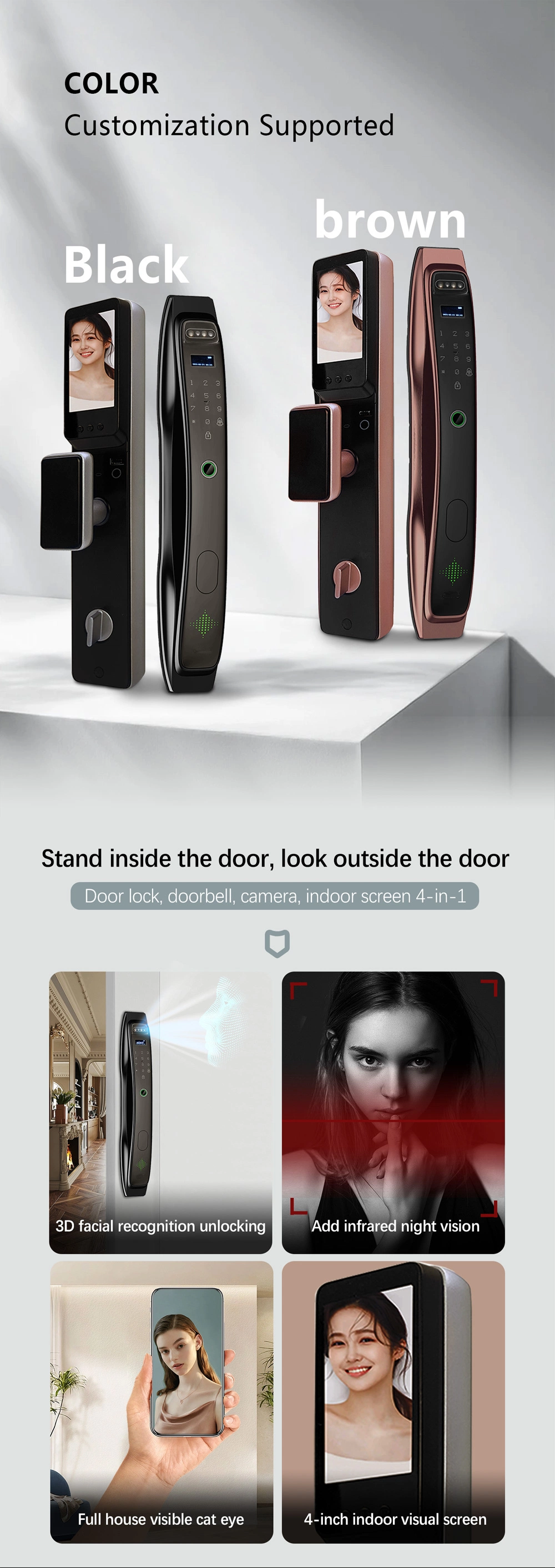 3D Face Recognition Fingerprint Image Transmission Door Viewer Smart Lock