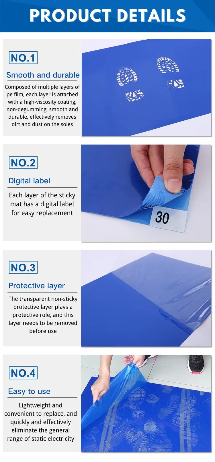 18&quot;*36&quot; Sticky Floor Mat Adhesive 30layers 0.035mm Blue Mat