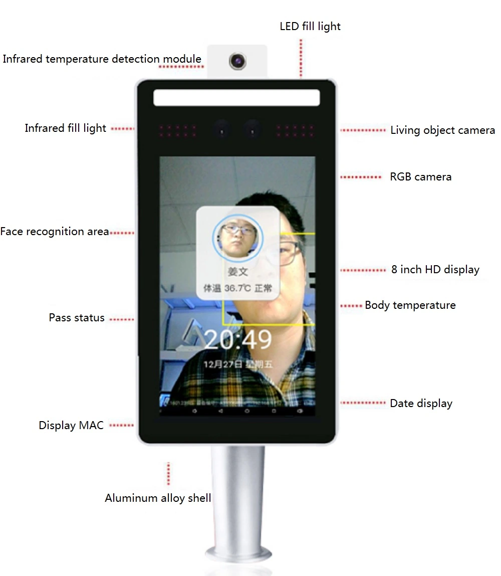 8&quot; Face Recognition System Biometric Time Attendance Door Turnstile Gate Access Control Facial Recognition Terminal with Temperacture Detection Thermometer