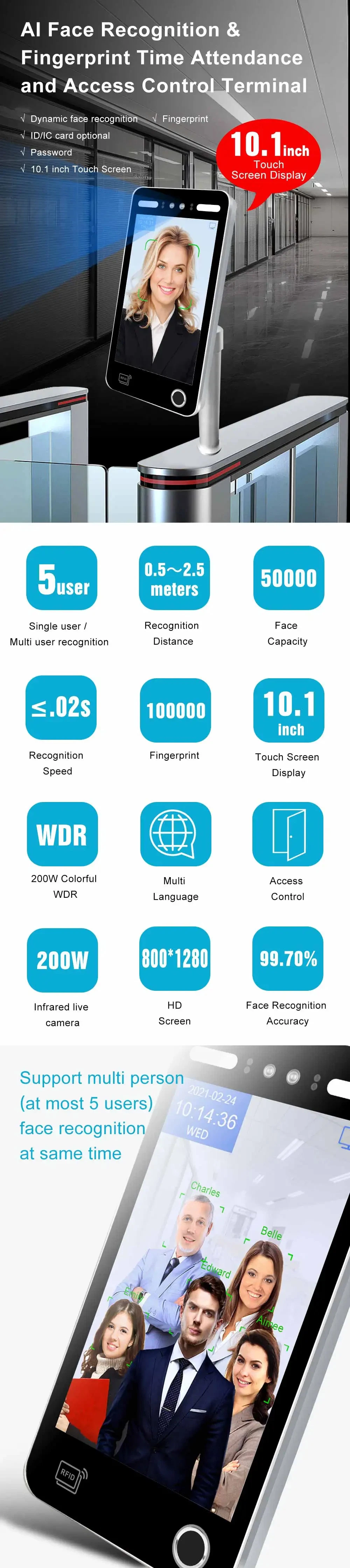 Linux 10-Inch Realtime Biometric Fingerprint Attendance Ai Face Recognition Camera Access Control