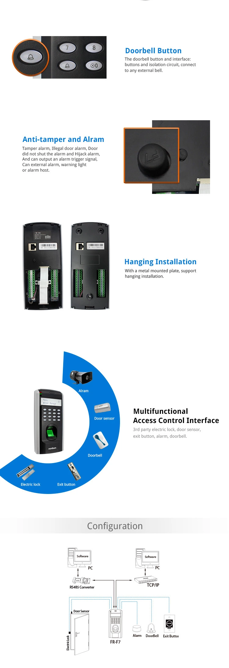 Network Touch Screen Wiegand Biometric Time Attendance Recorder Machine