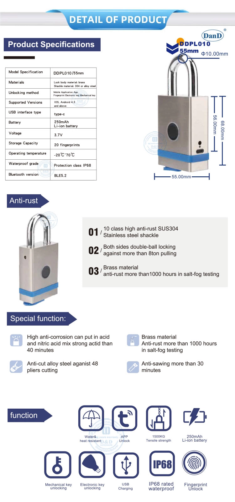 Stainless Steel Safety Shackle Solid Brass Smart Key Lock Padlock Security Laminated Fingerprint Warehouse Padlock