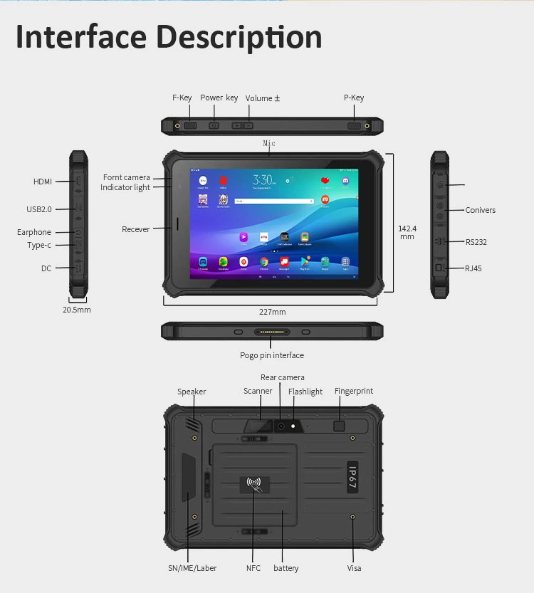 Rugged Car Tablet 8 Inch for Industrial Tablet IP67 Waterproof Shockproof Rugged Android Fingerprint Scanner Tablet PC