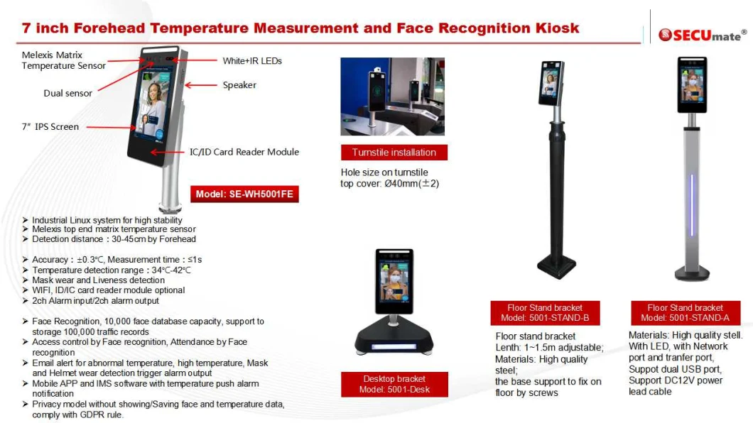 Facial Recognition Camera Time Attendance Machine Non-Contact Temperature Access Control Temperature Detector with Auto Sanitizer Dispenser