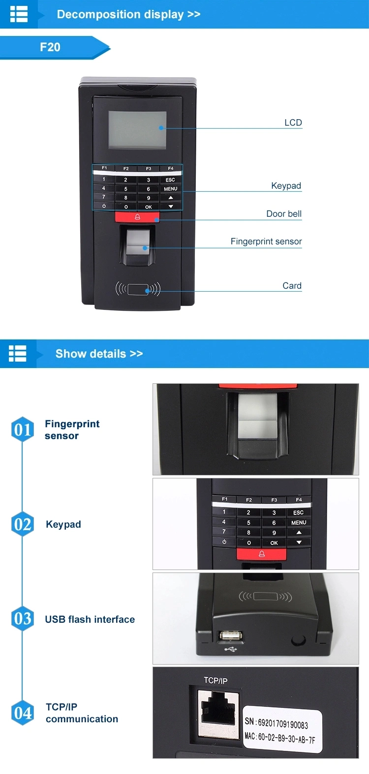 F20 Multifunction Induction Screen Standalone Keypad RFID Access Control