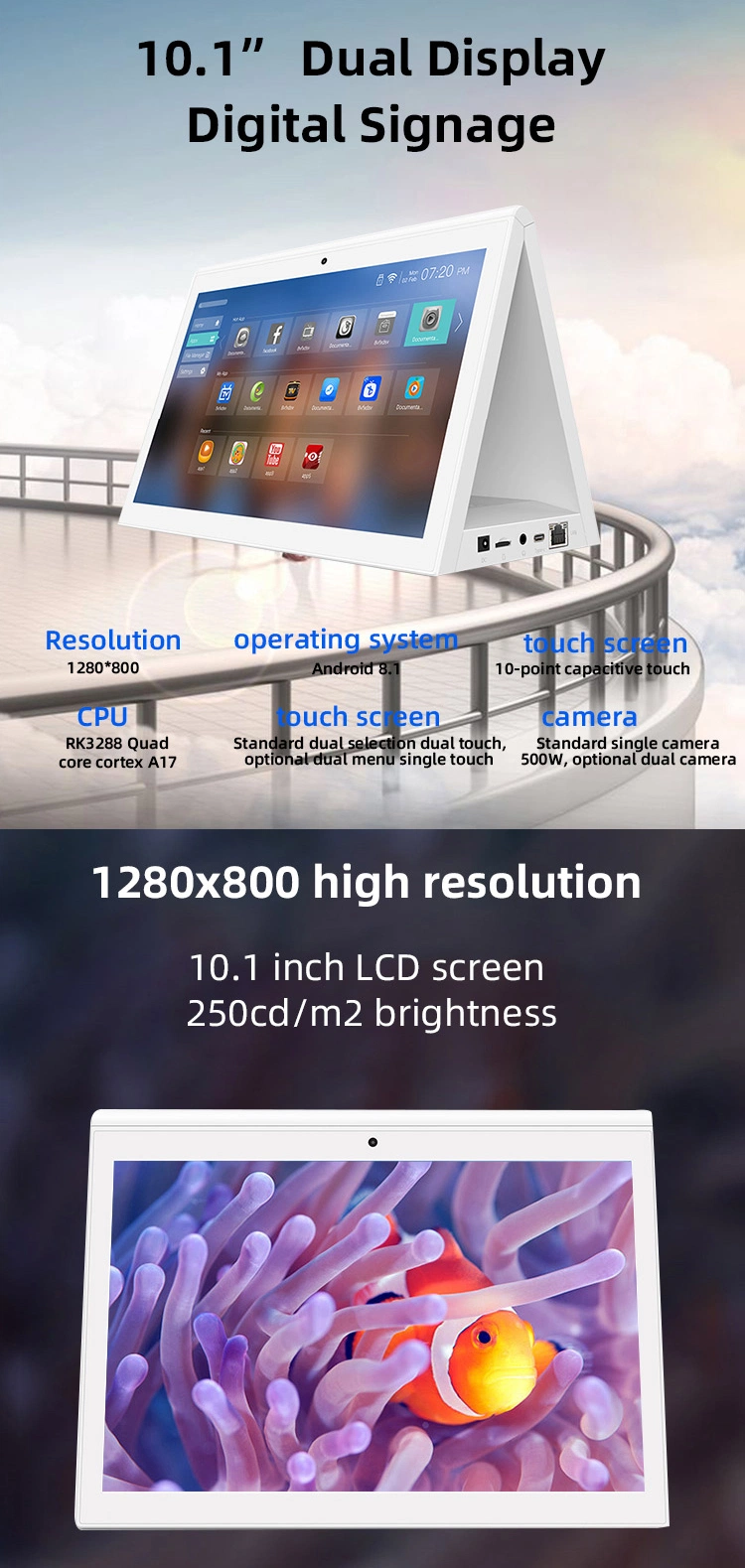 10.1 Inch HD Dual Display Face Recognition RJ45 Ethernet Digital Signage Android 8.1 Tablet PC