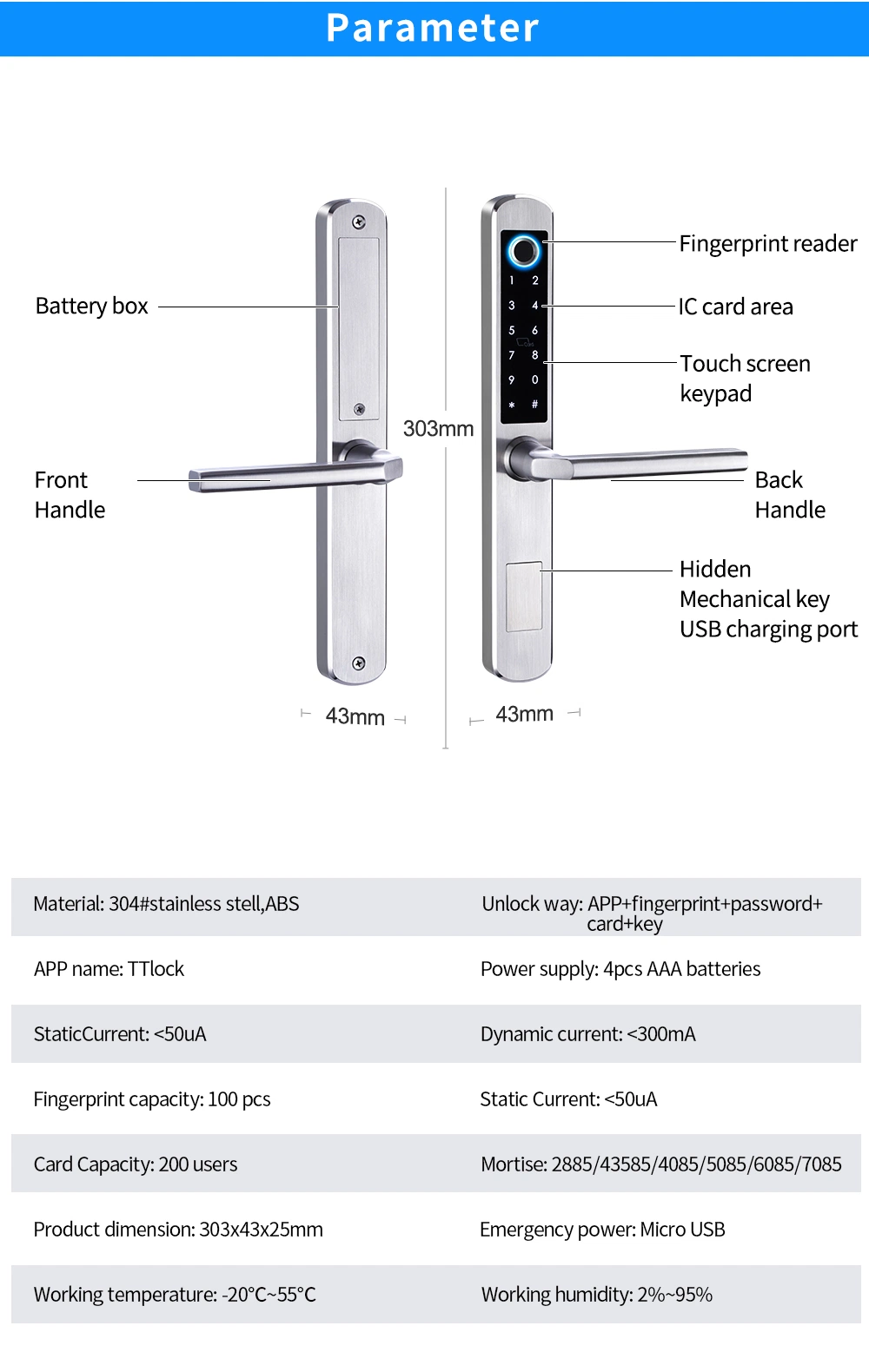 Stainless Steel 304 Fingerprint Password Keyless Entry Smart Lock Tuya APP