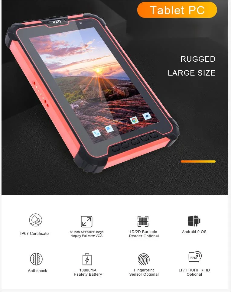 8inch 1280X800 IPS Screen 4G LTE Mtk6771 Quad-Core Fingerprint, Rugged Water-Proof IP67 Android9.0 Tablet with 4GB 64GB/SIM Card/NFC/Bluetooth Tablet PC