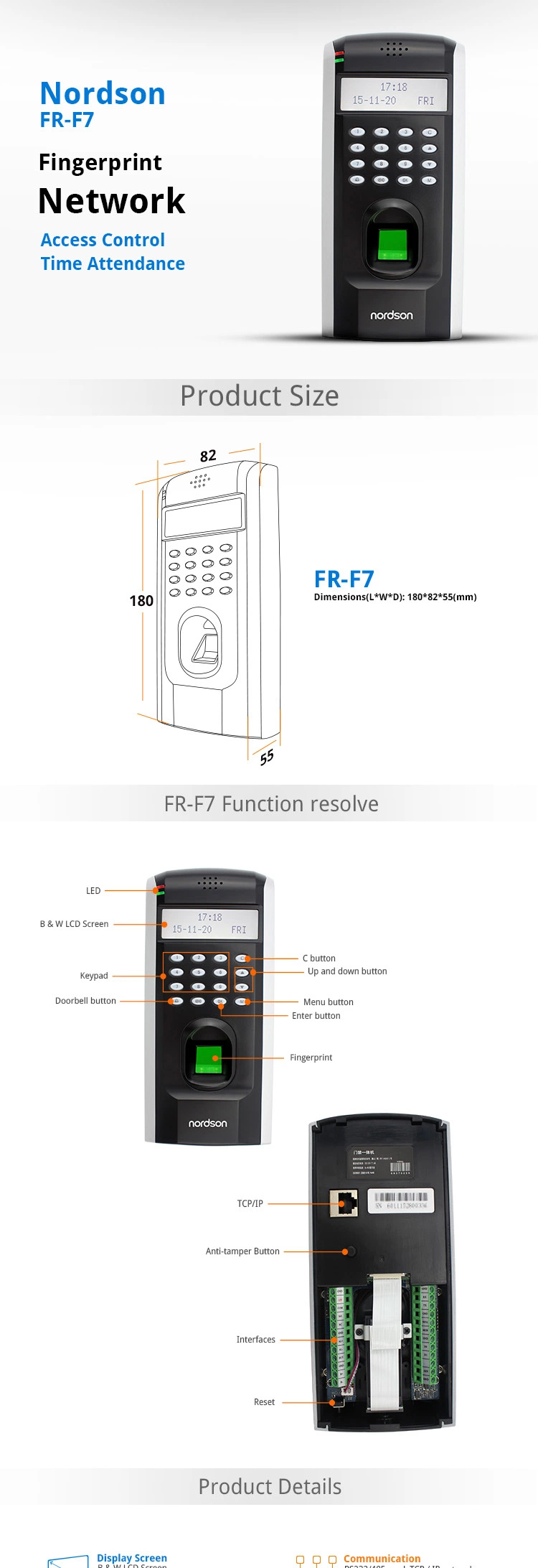 Network Touch Screen Wiegand Biometric Time Attendance Recorder Machine