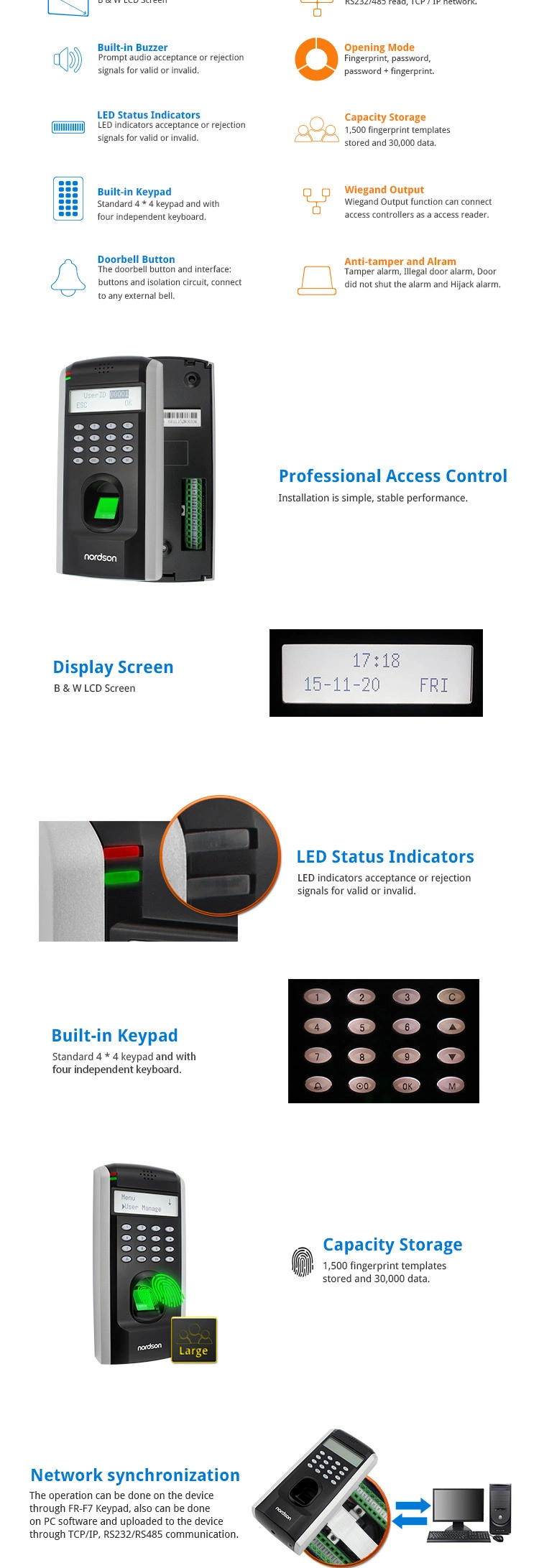 Network Touch Screen Wiegand Biometric Time Attendance Recorder Machine