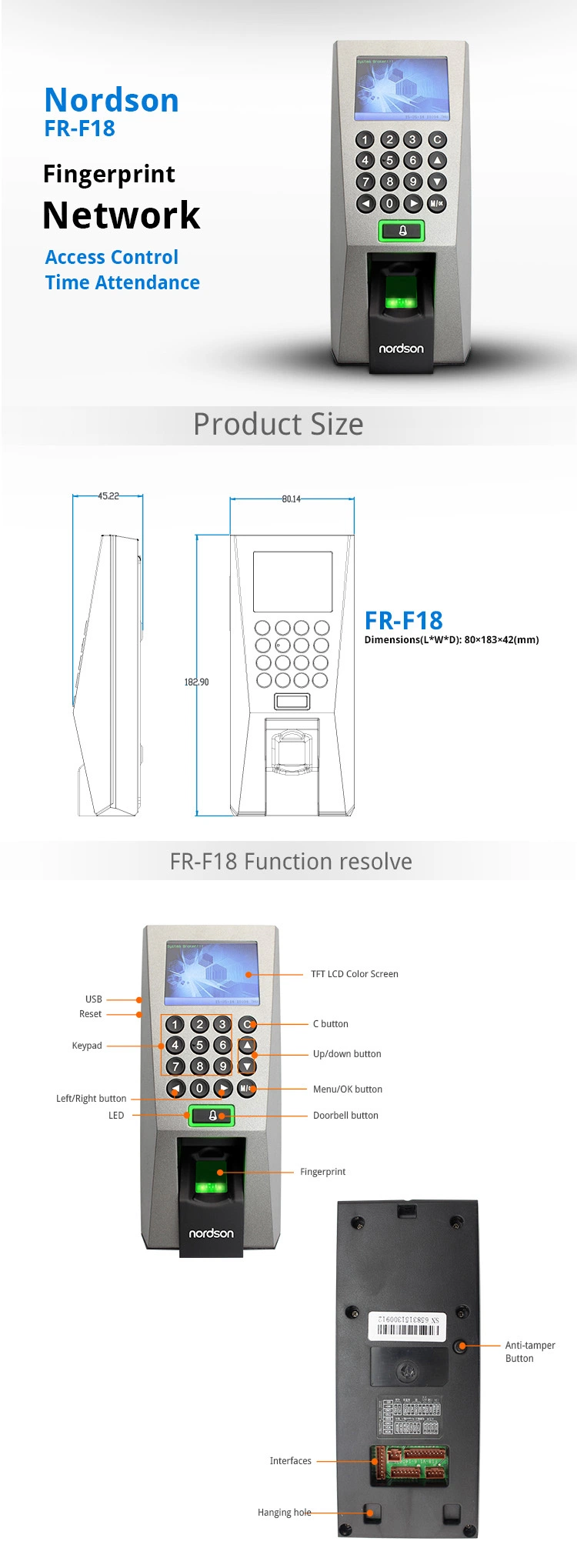 TFT Screen Network Fingerprint Access Control Time Attendance Device