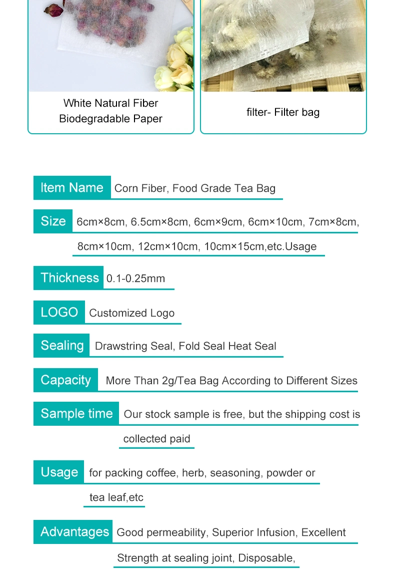 Custom Disposable Biodegradable PLA Corn Fiber Semi-Transparant Coffee Filters (45 X 110mm) , Used for Herbal Tea Plant Powder