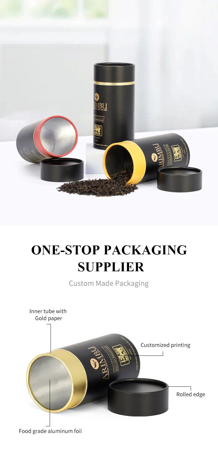 Recycled Cardboard Cylinder Loose Leaf Tea Coffee Packaging Box Round Black Kraft Paper Tube Packaging