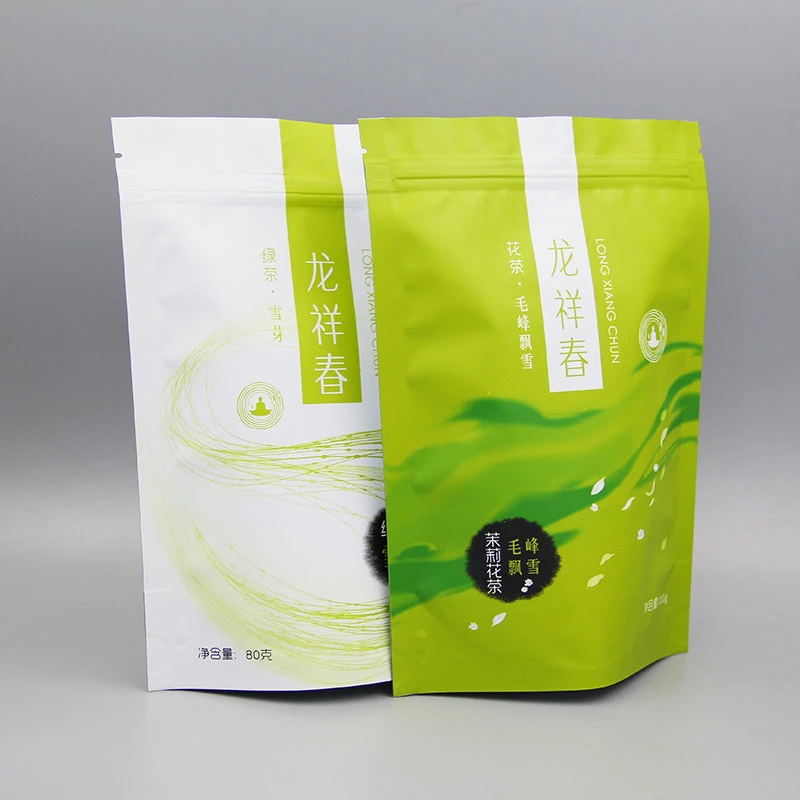 Green Tea Packaging Bag Custom Printed Doypack Coffee Pouch Empty Tea Bag Packaging Smell Proof Popular