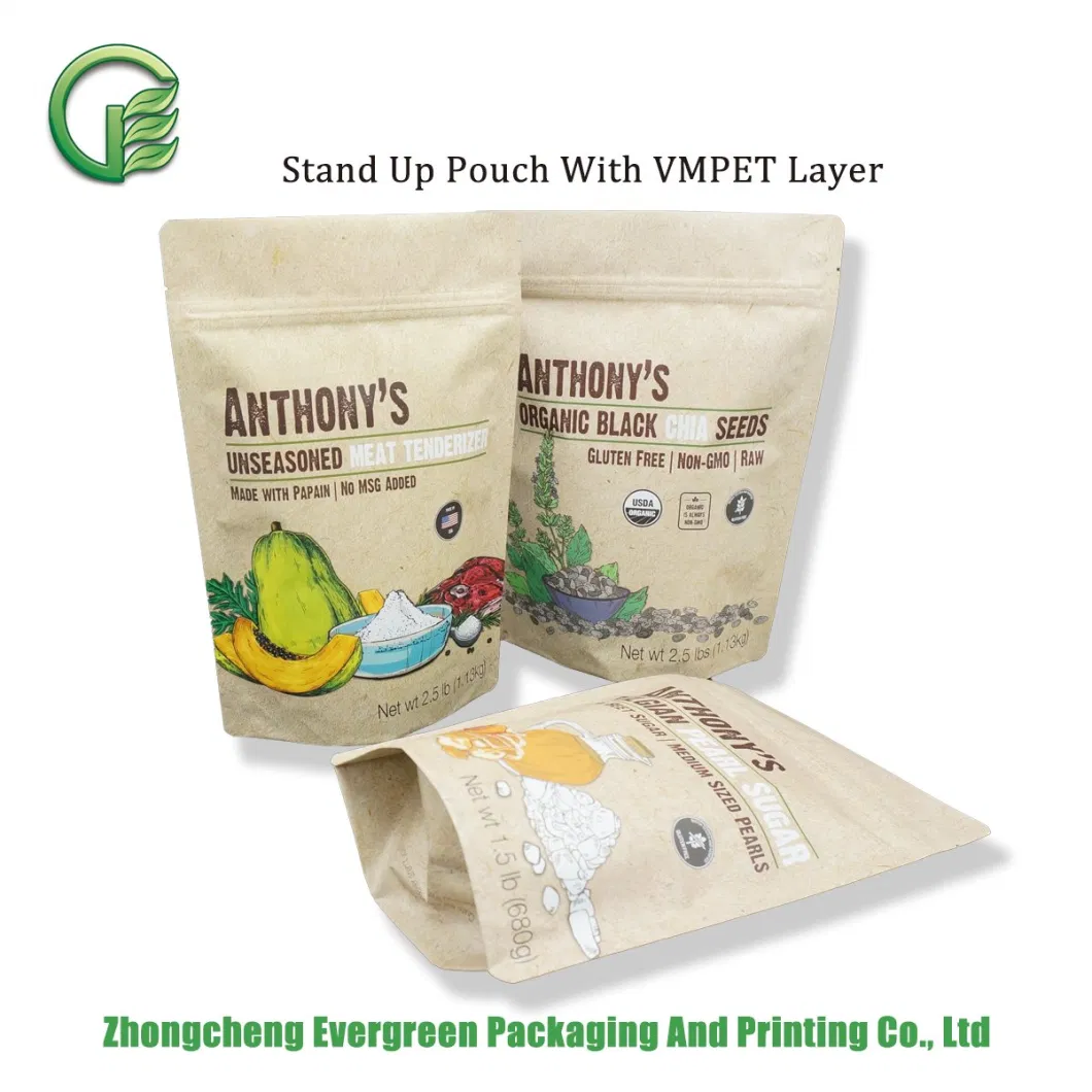 2 Lb Customized Size Printing Packing Pouch Moisture Proof Resealable BOPP/VMPET/PE Paper Look Stand up Organic Nature Plastic Food Packaging