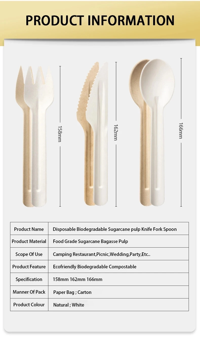 Compostable Disposable Paper Cutlery Bagasse Soup Spoon Sugarcane Knife Fork