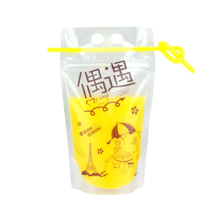 Printed Juice Soda Milk Tea Liquid Stand up Packaging with Straw Clear Drink Pouches