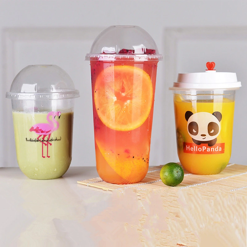 Creative Transparent Disposable Tea Cup 360/500/700ml Cute U Shape Juice Milk Tea Coffee Cold Drink Packaging Cups with Lid