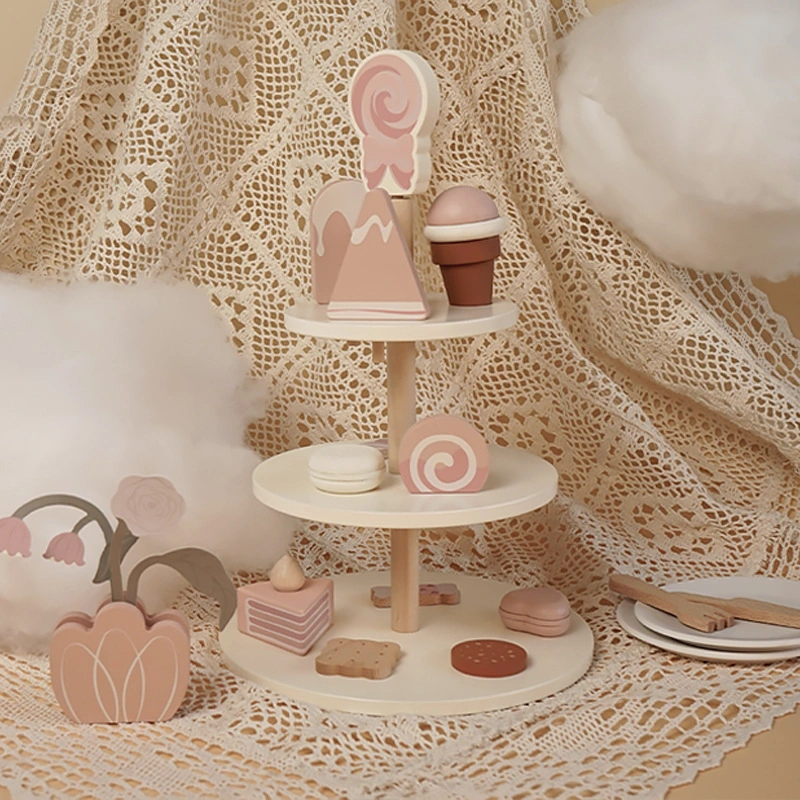 Wooden Simulation Afternoon Tea Three-Tier Dessert Children&prime;s Toys