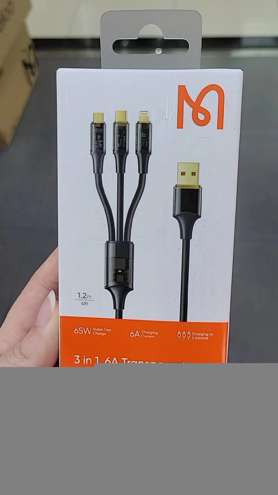 New Arrival 3 in 1 6A Transparent Spuer Fast Charging Cable