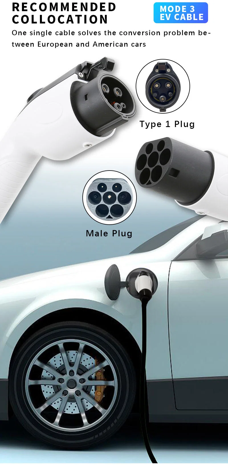 Manufacturer with Complete Certificates 16A Single Phase Type 1 to Type 2 Mode 3 EV Charging Cable