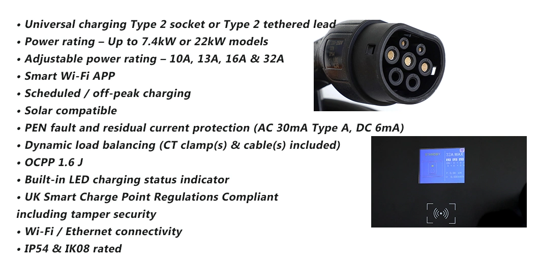 Waterproof IP54 Electric Car Charging Wallbox 1-Phase 3-Phase EV Charger Station CE Certified APP Smart EV Charger Type 2 Smart Wallbox