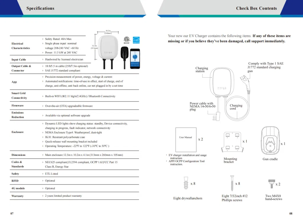 Home Use Wallbox EV Charger Single Phase Input 208-240VAC 50-60Hz 11, 5kw 48A Max at 240VAC