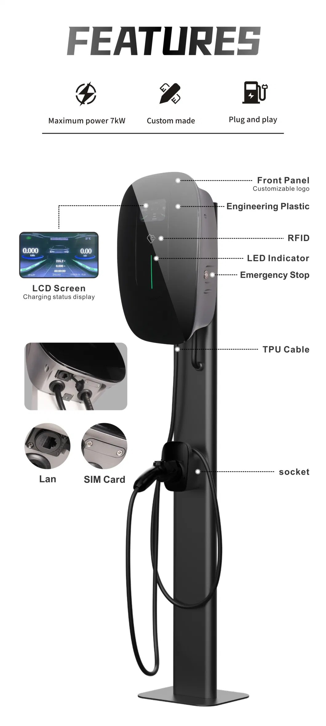 Occp 1.6 Wall Box EV Charger IP54 32A EV Charger Station Type 2 7kw 11kw 22kw Wallbox EV Charger Single or Three Phase Electric Car Charger