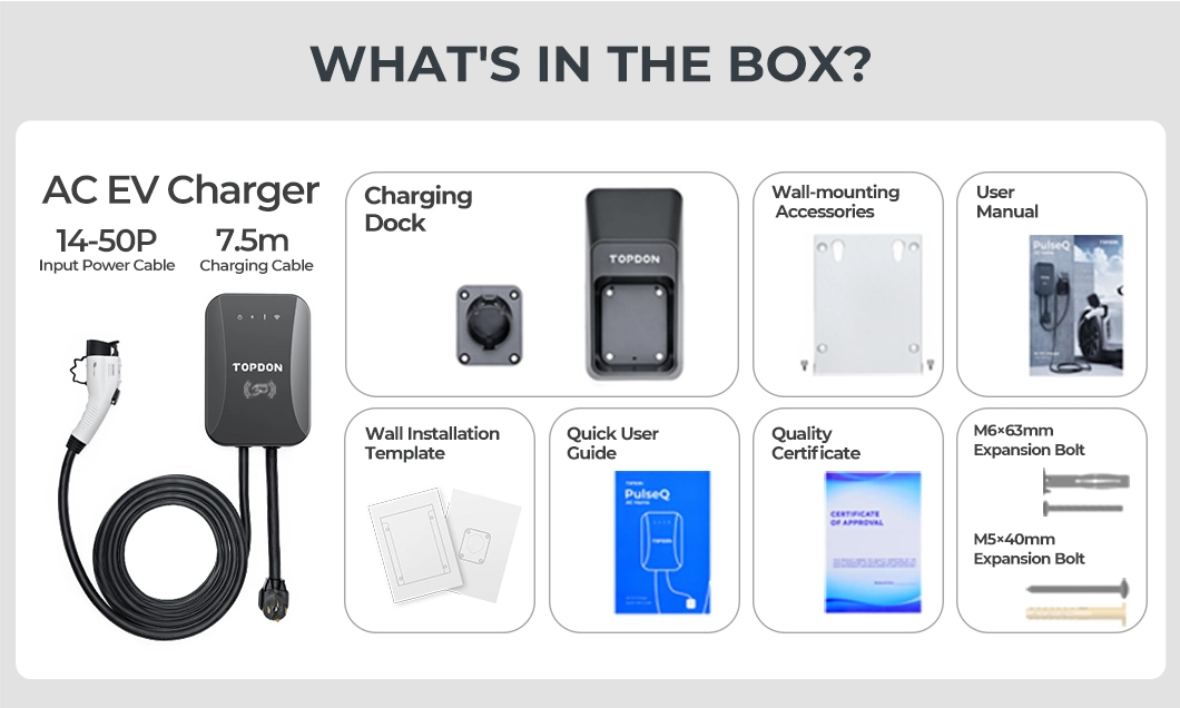 Topdon Pulseq AC Home 22kw 11kw 9.6kw 7kw Ocpp Evse J1772 Smart IP65 Waterproof 16A 32A Type2 1 Wallbox UL Electric Car Fast RFID APP Control EV Charger Station