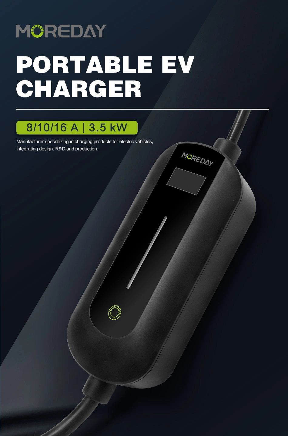 Level 2 16A Adjustable Portable EV Charger (240V, 16A, 3.5kw) Evse Home Electric Vehicle EV Charging Station