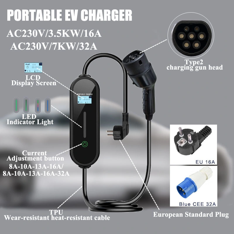 EU Type2 3.5kw/7kw AC230V Portable EV Charger Electric Vehicle Charging Station 16A/32A