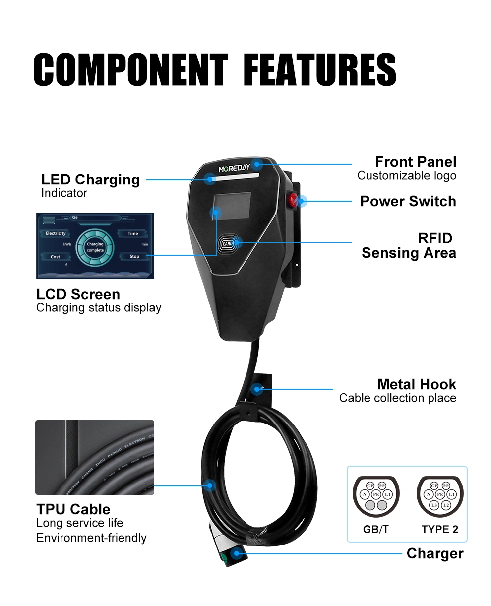 Electric Home Car Charger 7kw 22kw Type2 AC EV Charger Wallbox WiFi APP Control Electric Vehicle Charging Station Pile