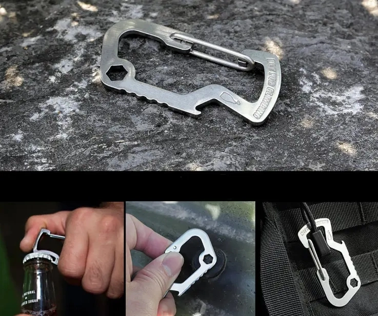 Multi-Function Stainless Steel Spring Mountaineering Climbing Carabiner Hanging Buckle Bottle Opener with Customized Laser Logo