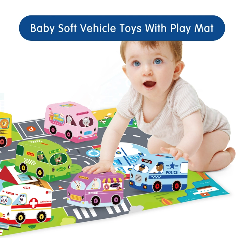 Infants Toddlers Kids Washable Non-Toxic Racing Soft Cloth Car Toy Set Activity Play Mat with Storage Bag and 6 Cars