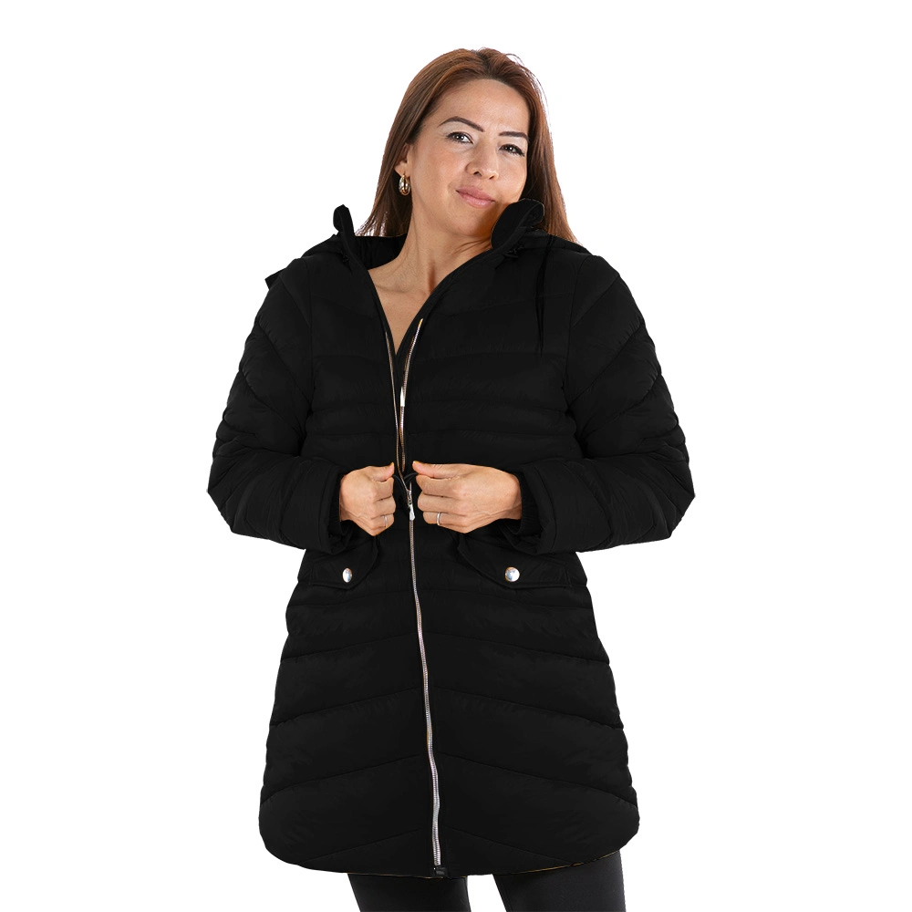 Customed Women&prime;s Three Quarter Length Puffer Jacket with Button Tab Pockets